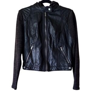 Xhilaration Women Jacket Black Faux Vegan Leather Moto Small Y2K Hood Whimsigoth